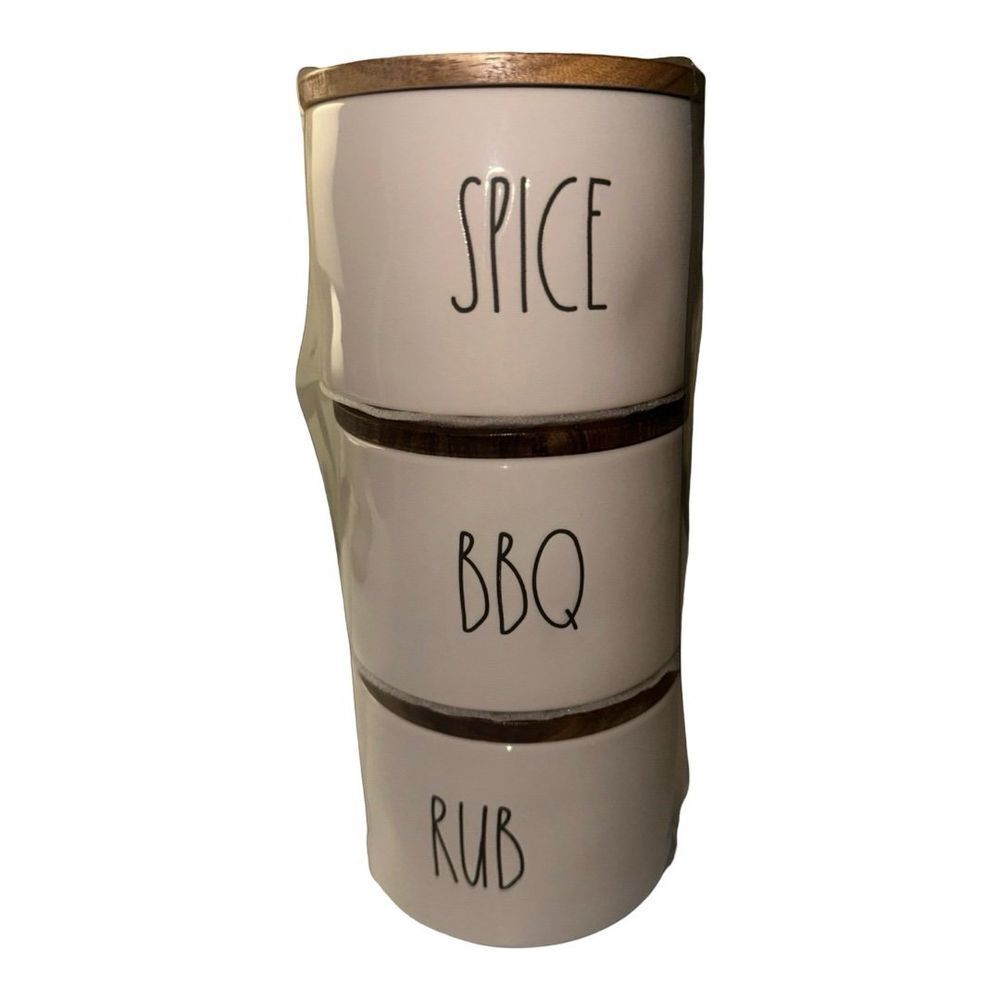 Rae‎ Dunn Spice BBQ Rub Stackable Canisters Wood Lid Farmhouse Decor